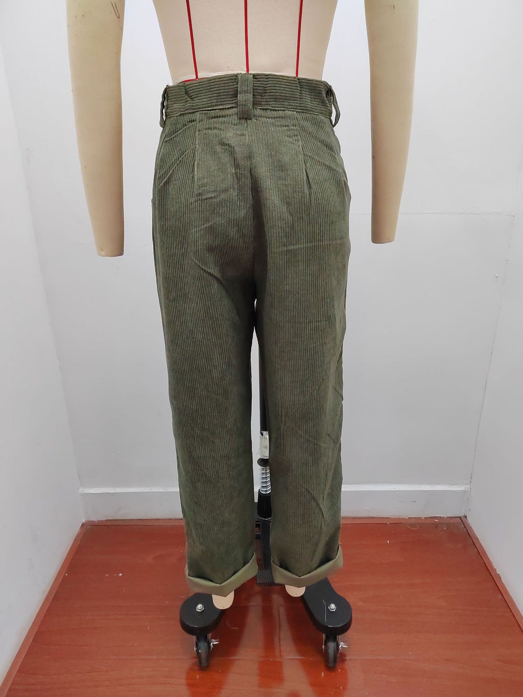 Pleated Corduroy Straight Leg Trousers - Olive - 4