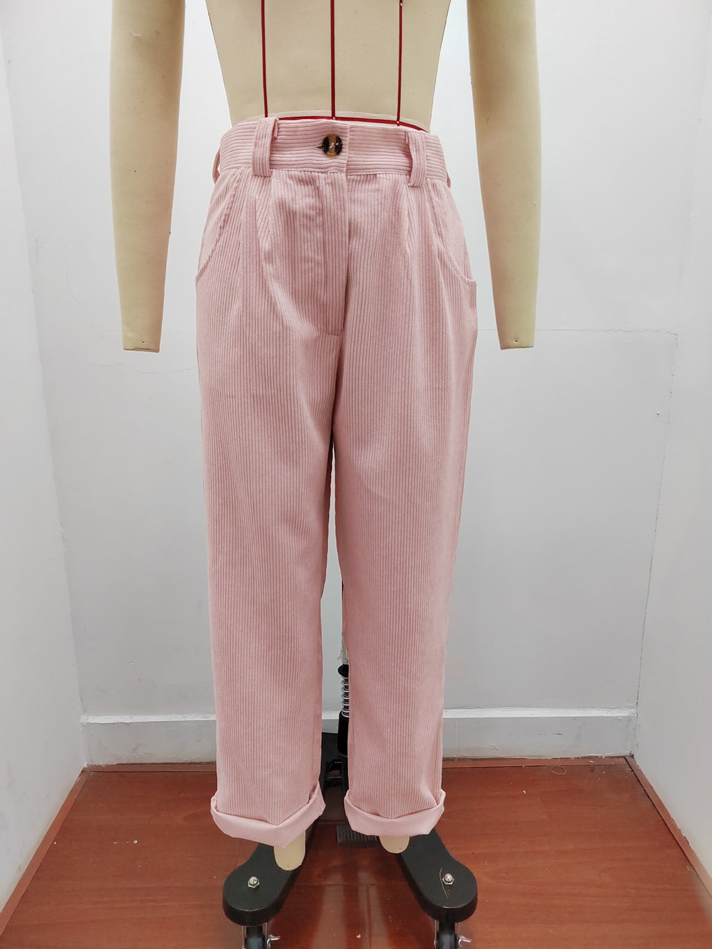 Pleated Corduroy Straight Leg Trousers - Pink - 1