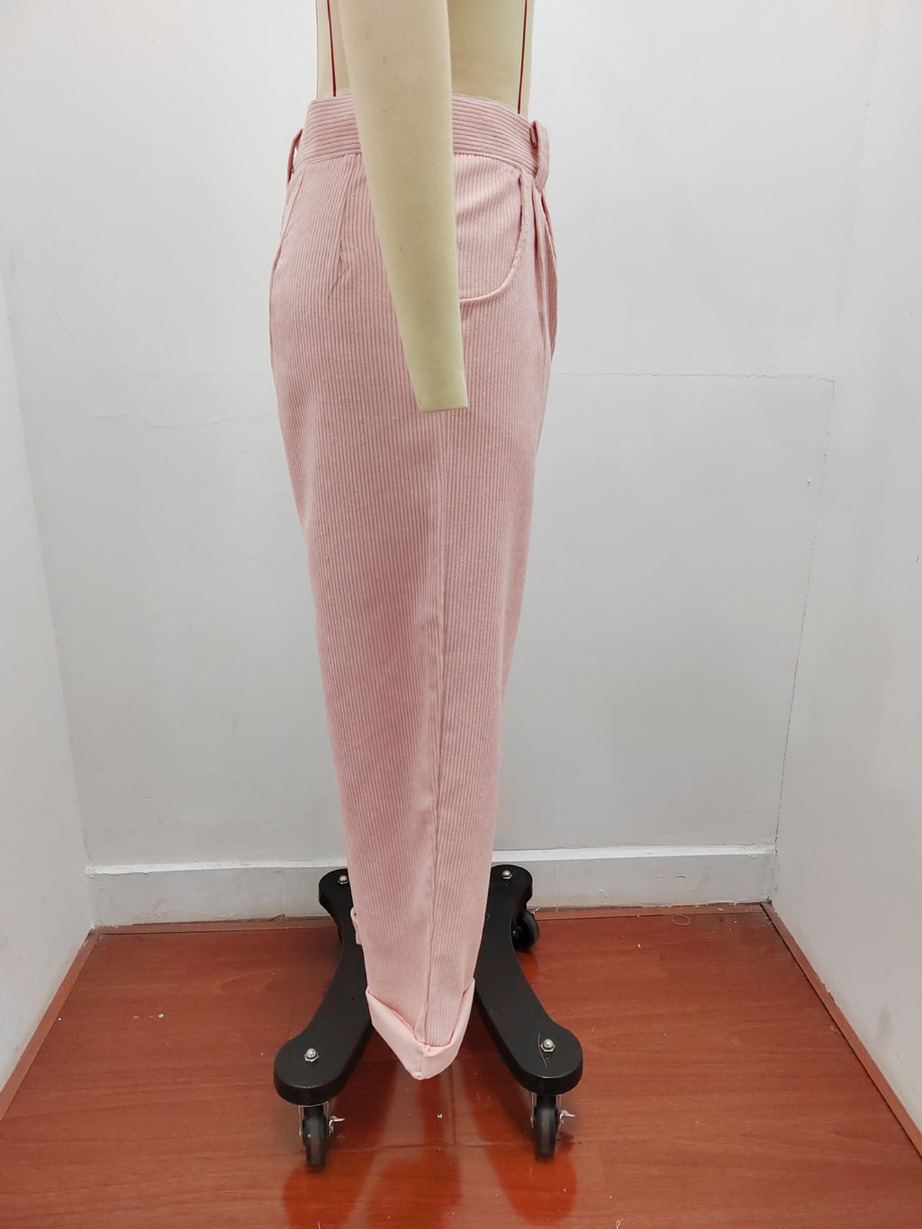 Pleated Corduroy Straight Leg Trousers - Pink - 2