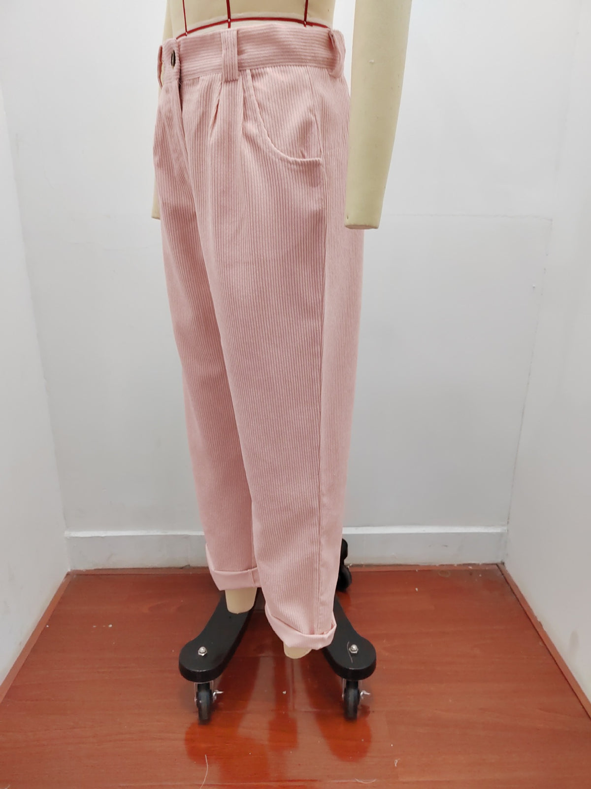 Pleated Corduroy Straight Leg Trousers - Pink - 3