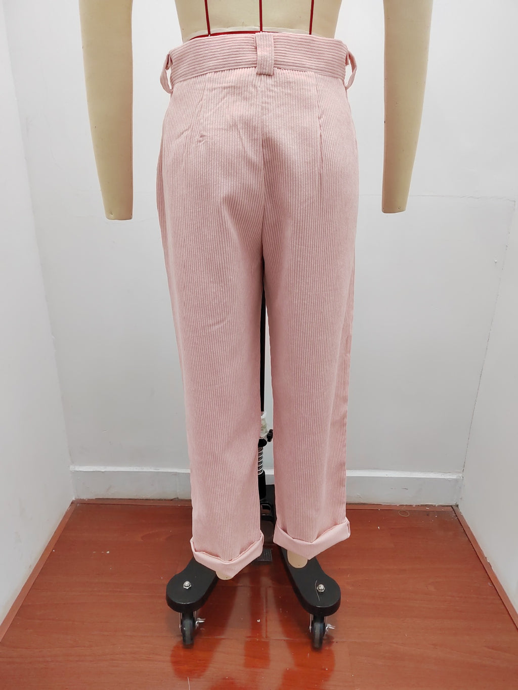 Pleated Corduroy Straight Leg Trousers - Pink - 4