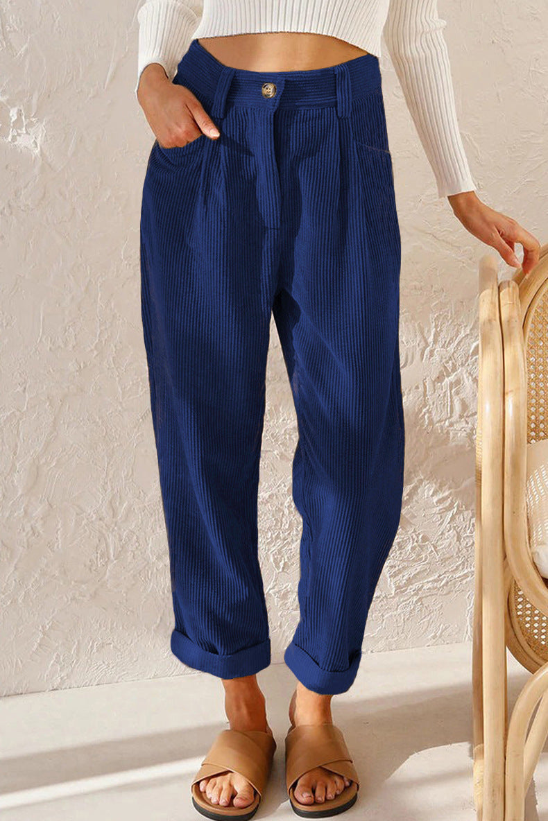Pleated Corduroy Straight Leg Trousers - Royal - 2