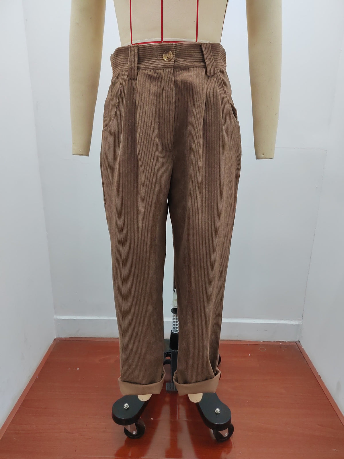 Pleated Corduroy Straight Leg Trousers - brown - 1