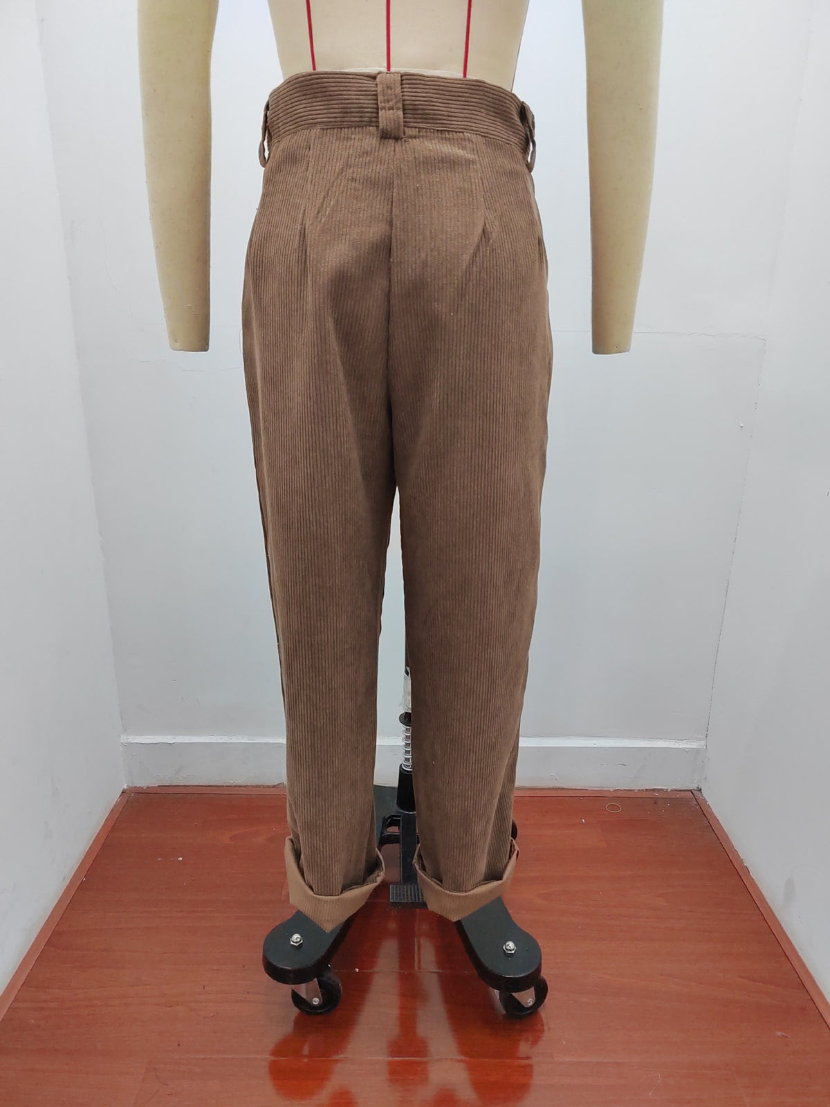 Pleated Corduroy Straight Leg Trousers - brown - 2