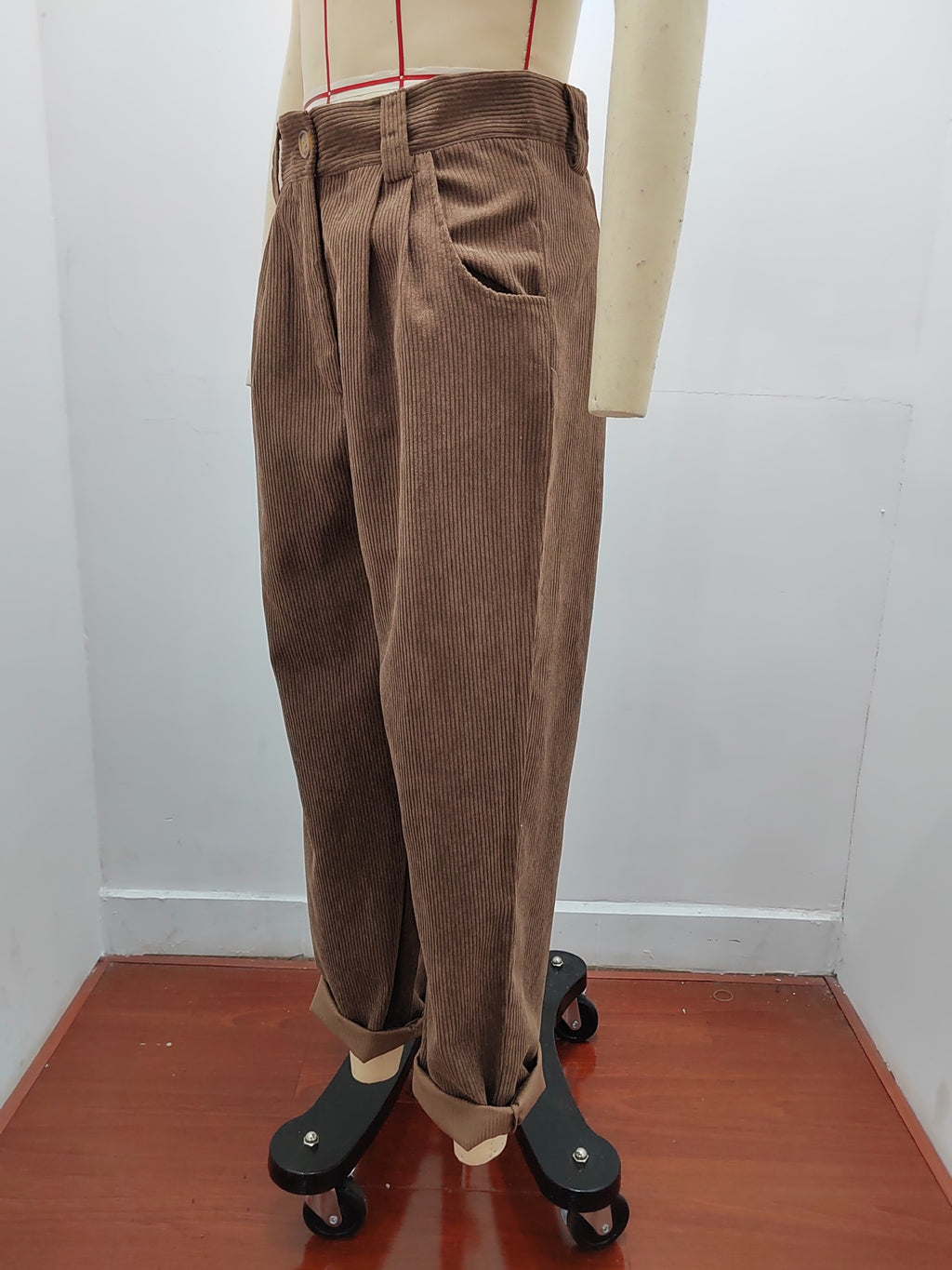 Pleated Corduroy Straight Leg Trousers - brown - 3