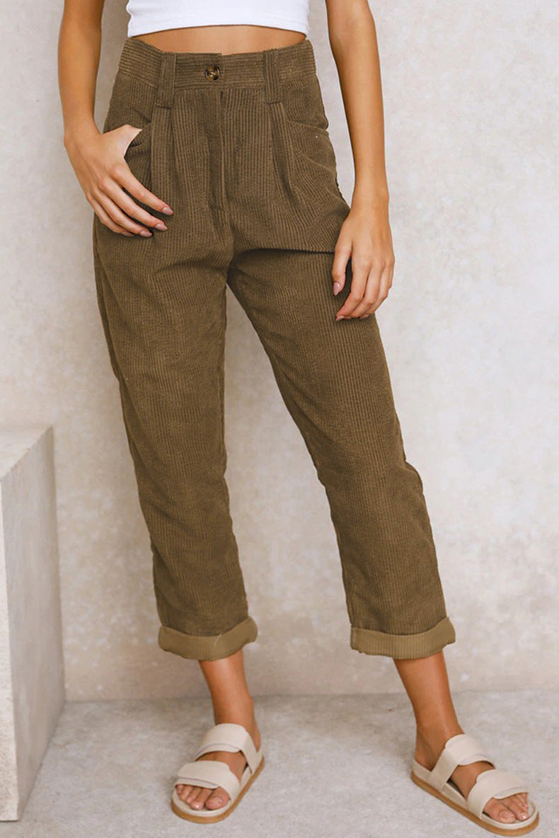 Pleated Corduroy Straight Leg Trousers - brown - 4