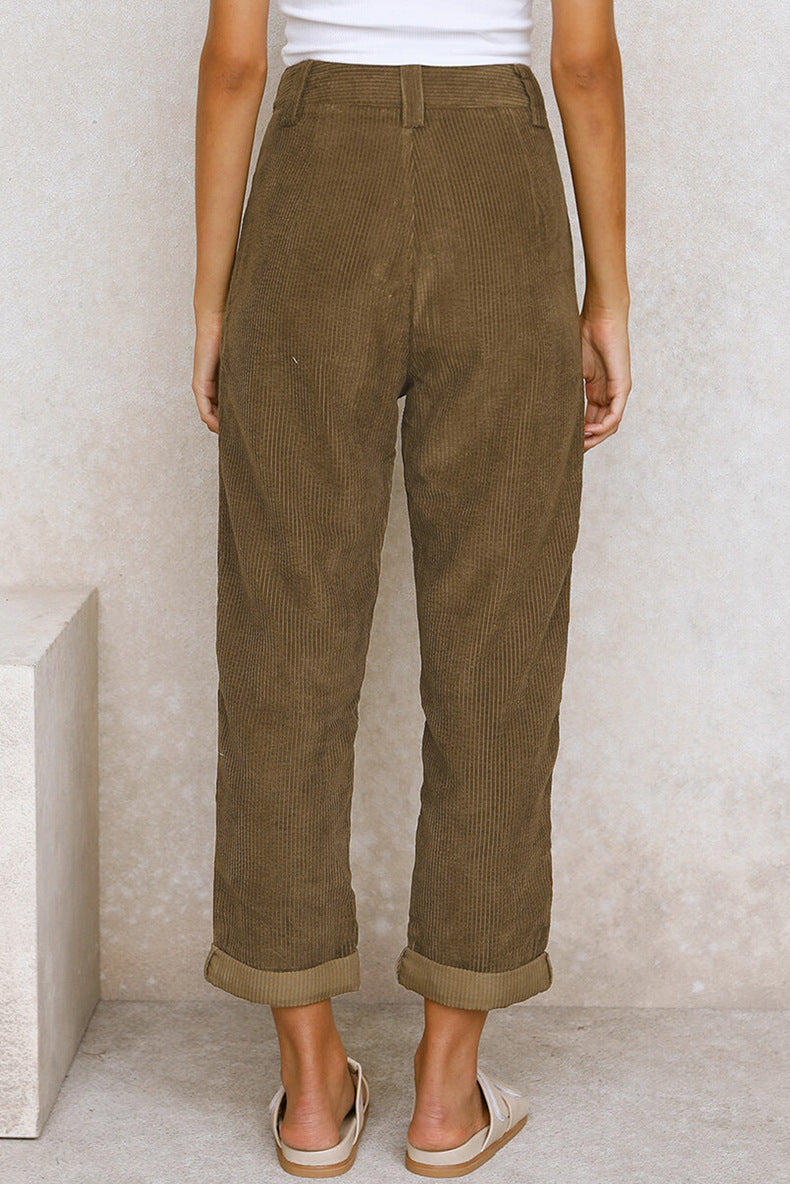 Pleated Corduroy Straight Leg Trousers - brown - 5
