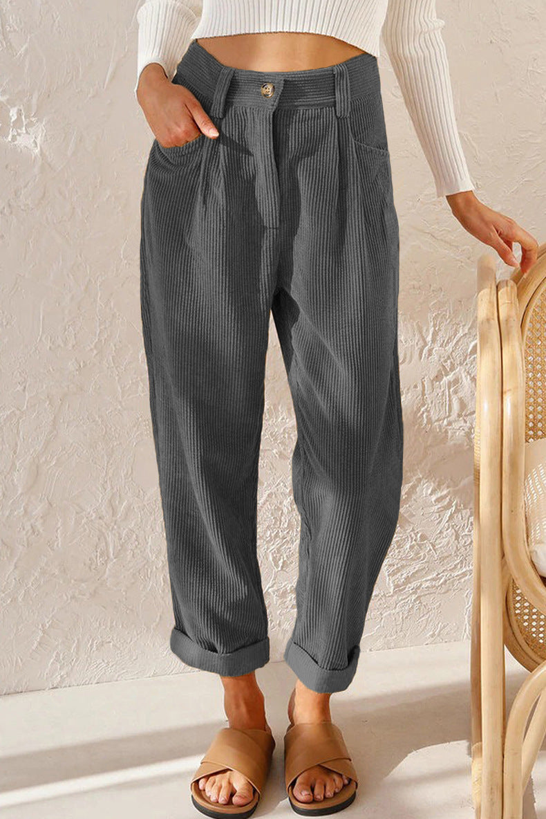 Pleated Corduroy Straight Leg Trousers - charcoal - 1
