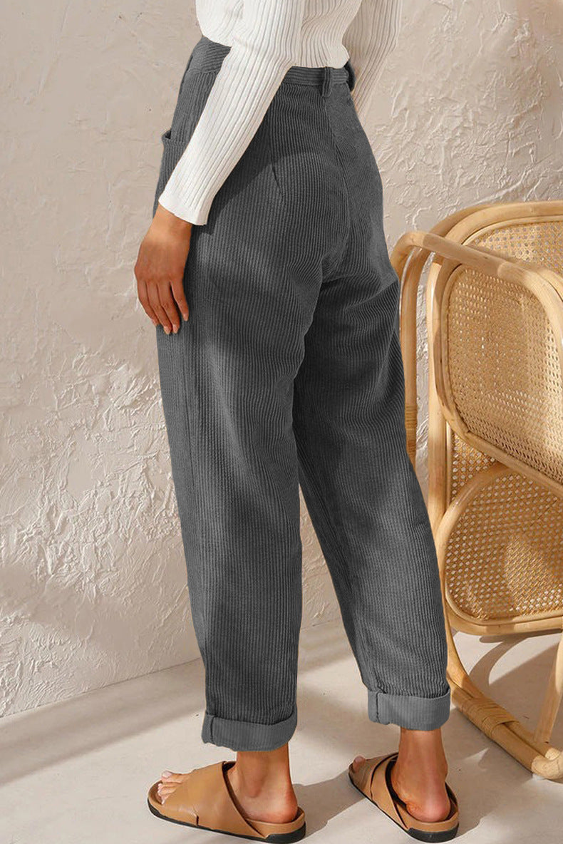 Pleated Corduroy Straight Leg Trousers - charcoal - 2
