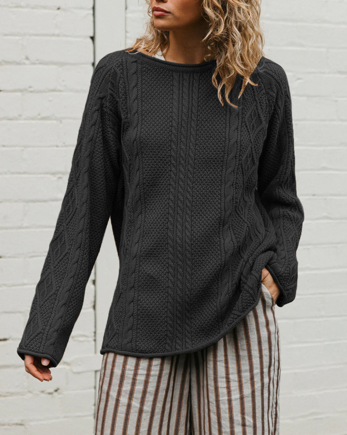 Cable Knit Sweater With Split Side Hem - Black