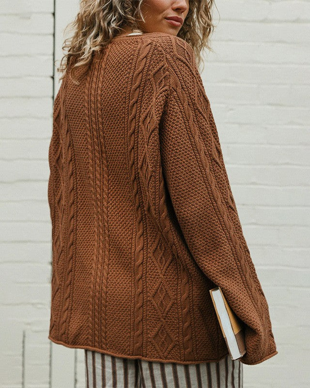 Cable Knit Sweater With Split Side Hem - Caramel - 1