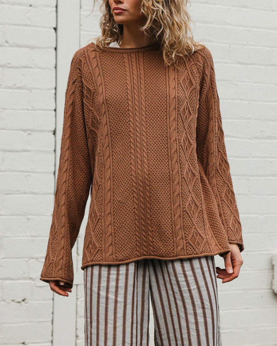 Cable Knit Sweater With Split Side Hem - Caramel