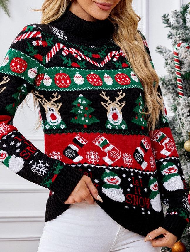 Turtleneck Snowman Reindeer Christmas Knit Sweater - Black