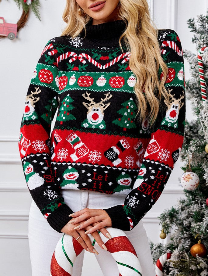 Turtleneck Snowman Reindeer Christmas Knit Sweater - Black - 2