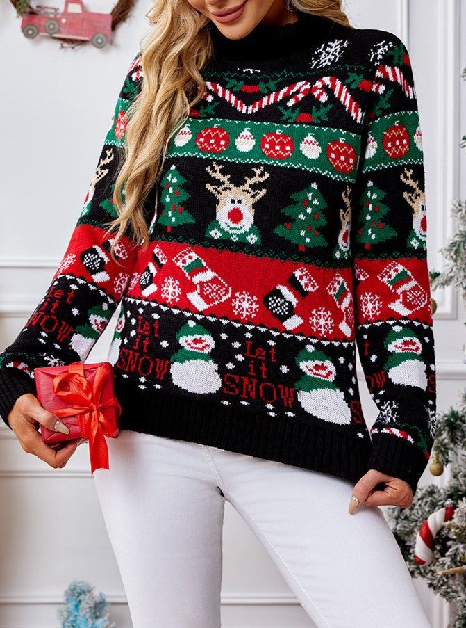 Turtleneck Snowman Reindeer Christmas Knit Sweater - Black - 3
