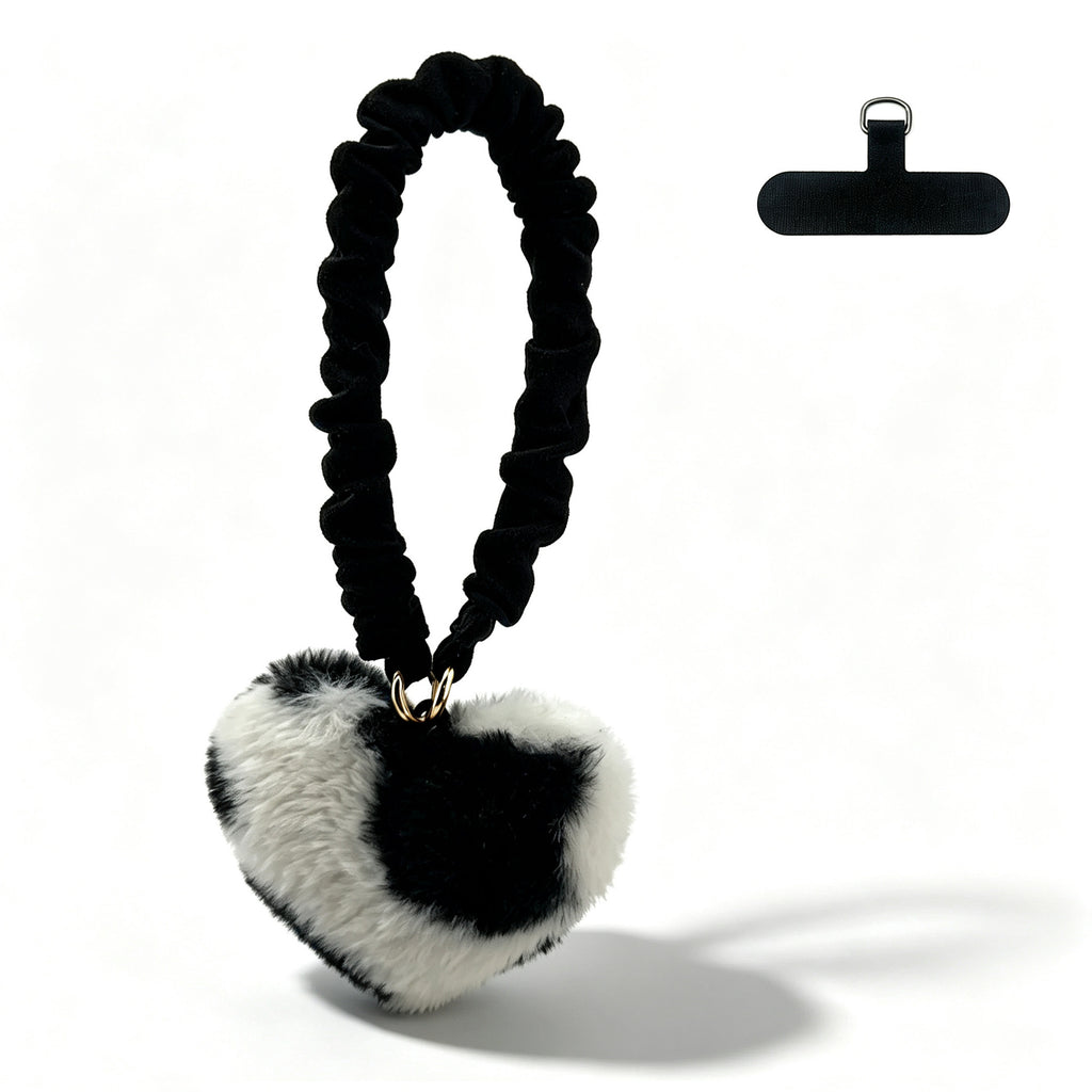 Plush Heart Scrunchie Phone Lanyard Wrist Strap - Black