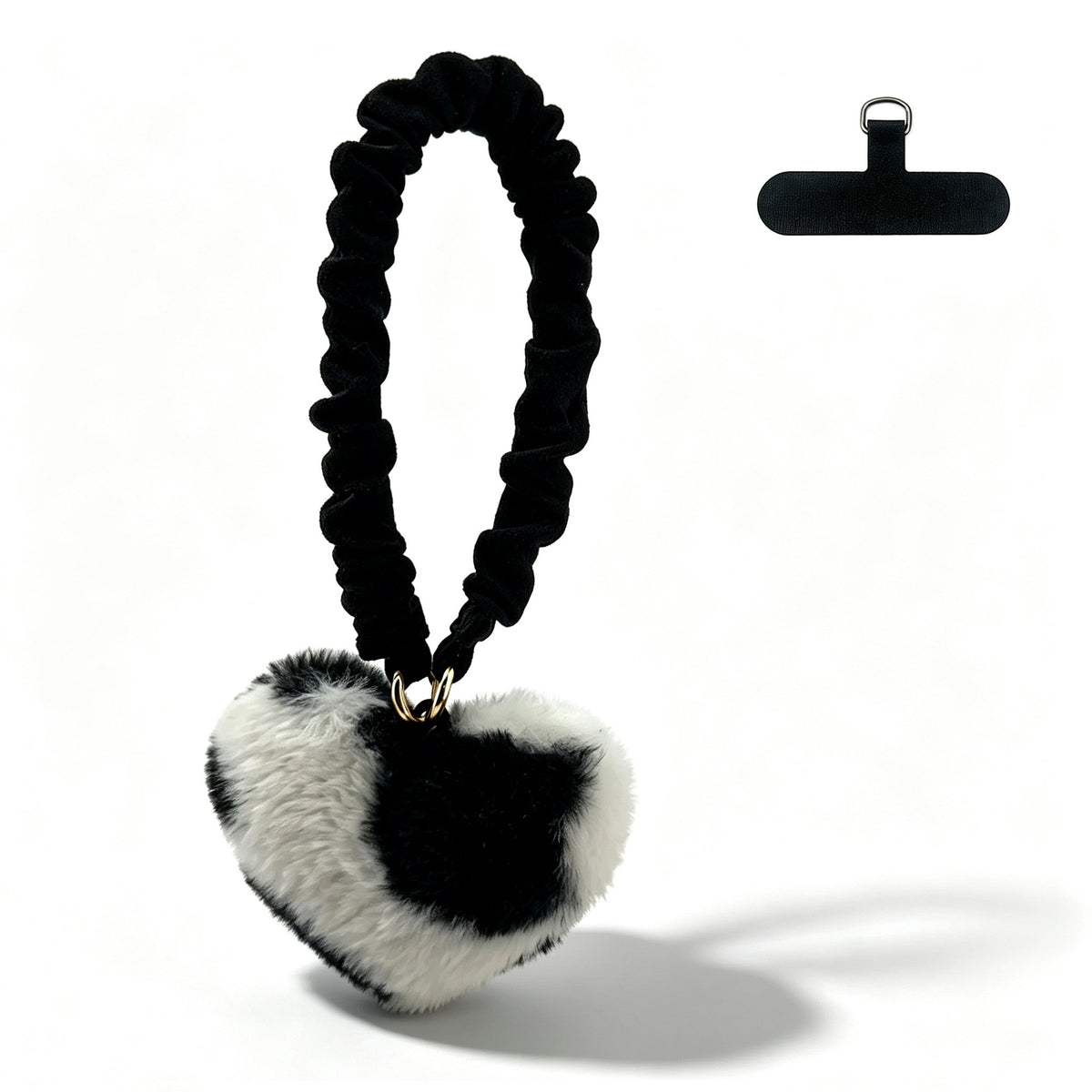 Plush Heart Scrunchie Phone Lanyard Wrist Strap - Black
