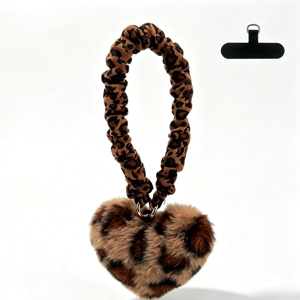 Plush Heart Scrunchie Phone Lanyard Wrist Strap - Leopard