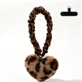 Plush Heart Scrunchie Phone Lanyard Wrist Strap - Leopard