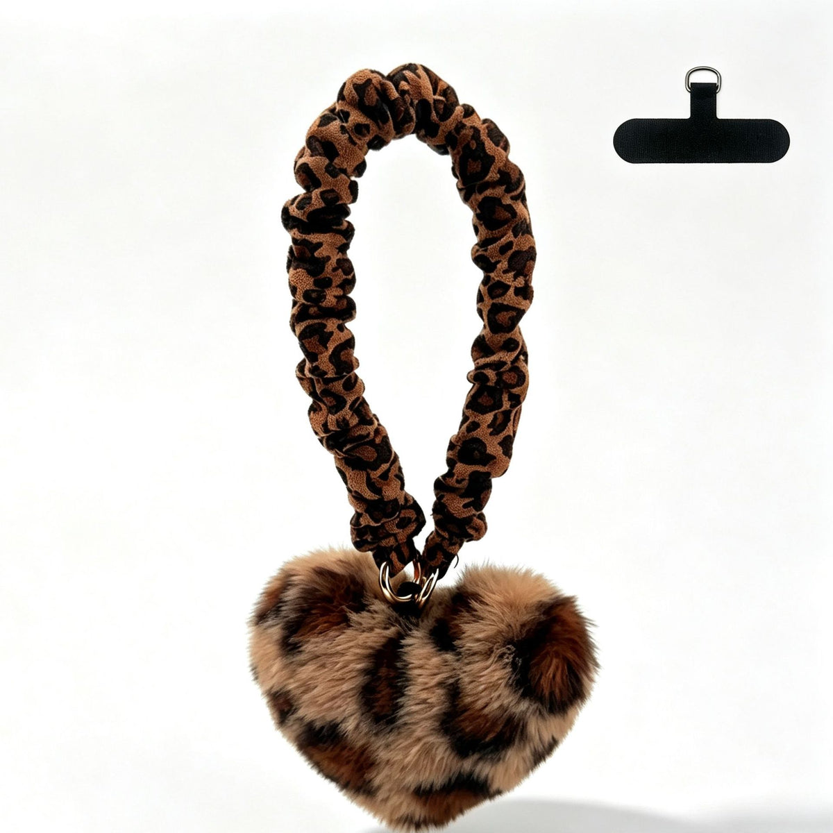 Plush Heart Scrunchie Phone Lanyard Wrist Strap - Leopard