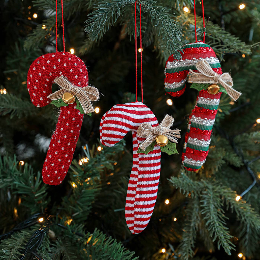 Plush Candy Cane Christmas Ornament with Jingle Bell