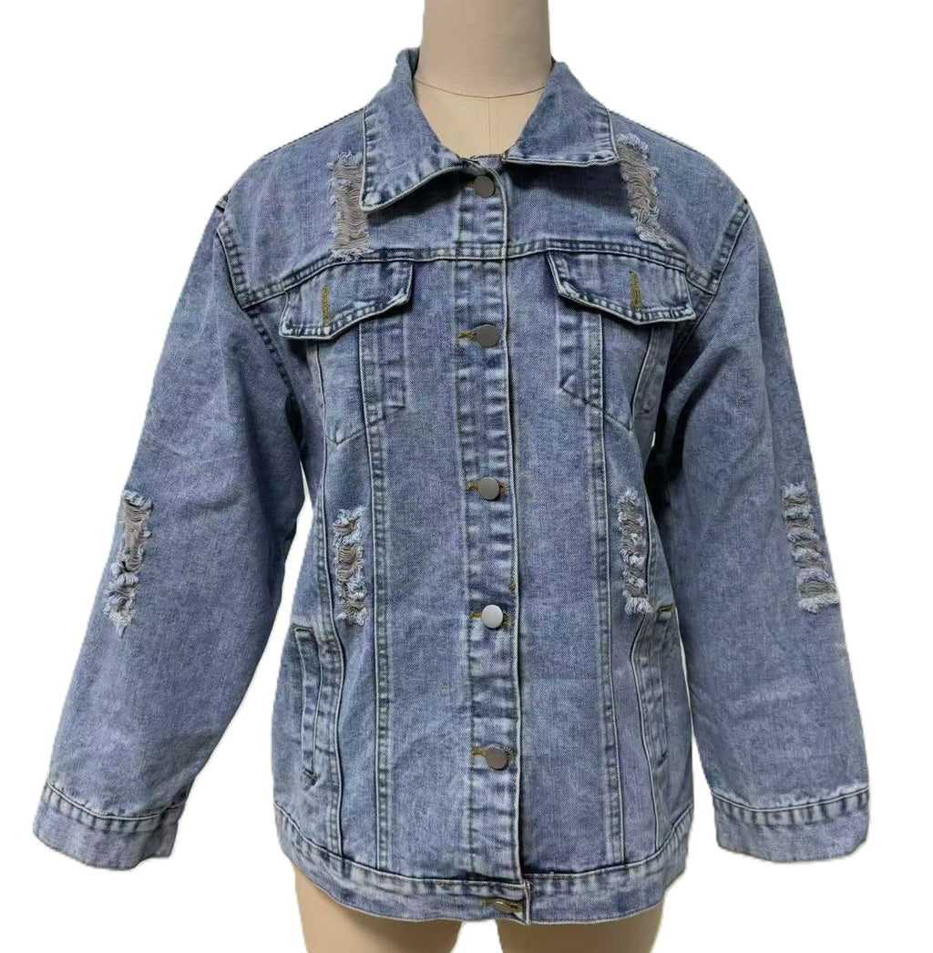 Ripped Oversized Denim Trucker Jacket - Blue