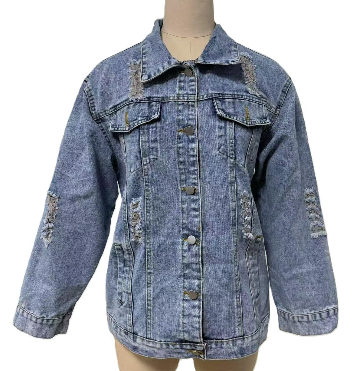 Ripped Oversized Denim Trucker Jacket - Blue