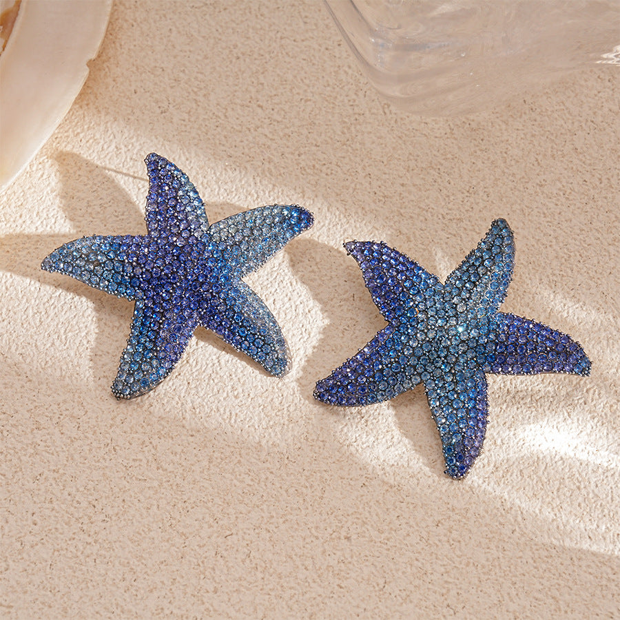 Pave Starfish Statement Stud Earrings - Blue