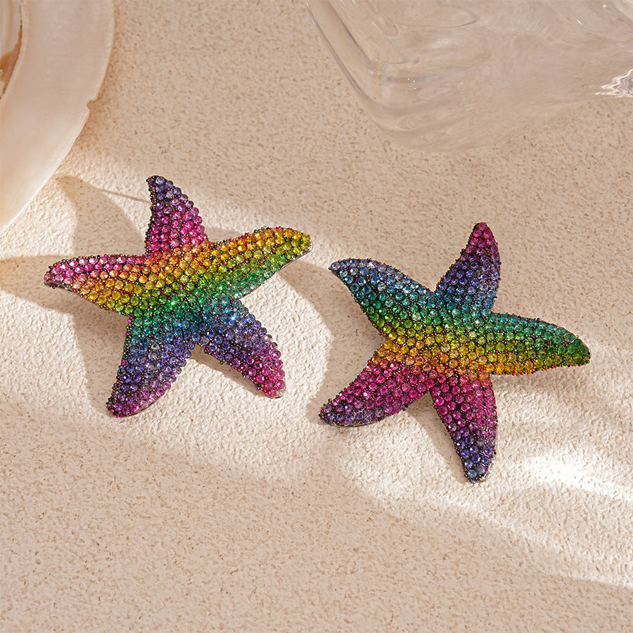 Pave Starfish Statement Stud Earrings - Colorful