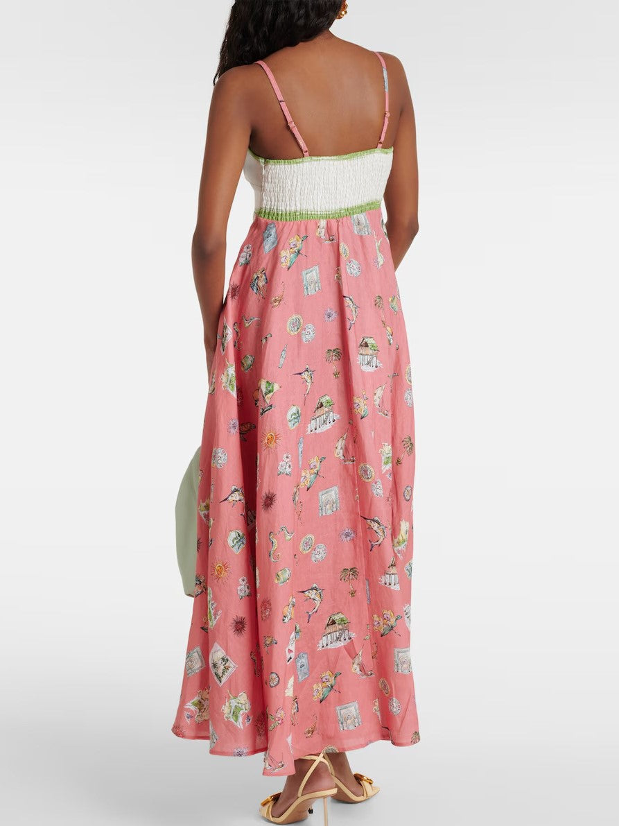 Printed Maxi Sundress With Smocked Bodice - Pink - 1