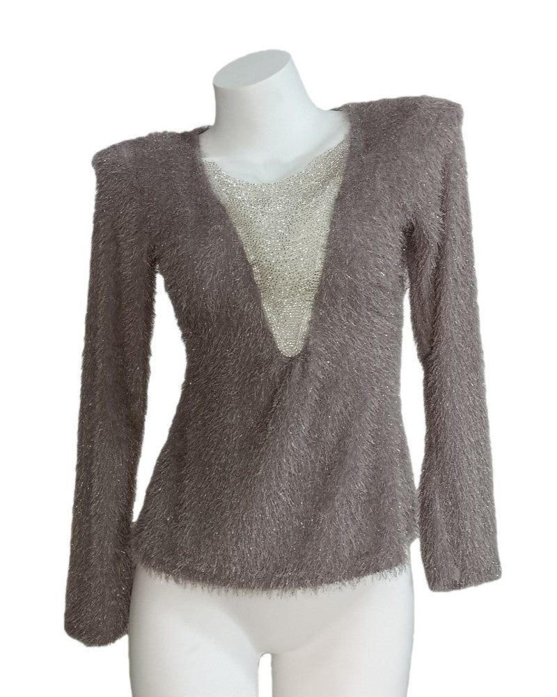 Sequin Trim Plunge Neck Fuzzy Knit Top - Silver