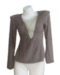 Sequin Trim Plunge Neck Fuzzy Knit Top - Silver