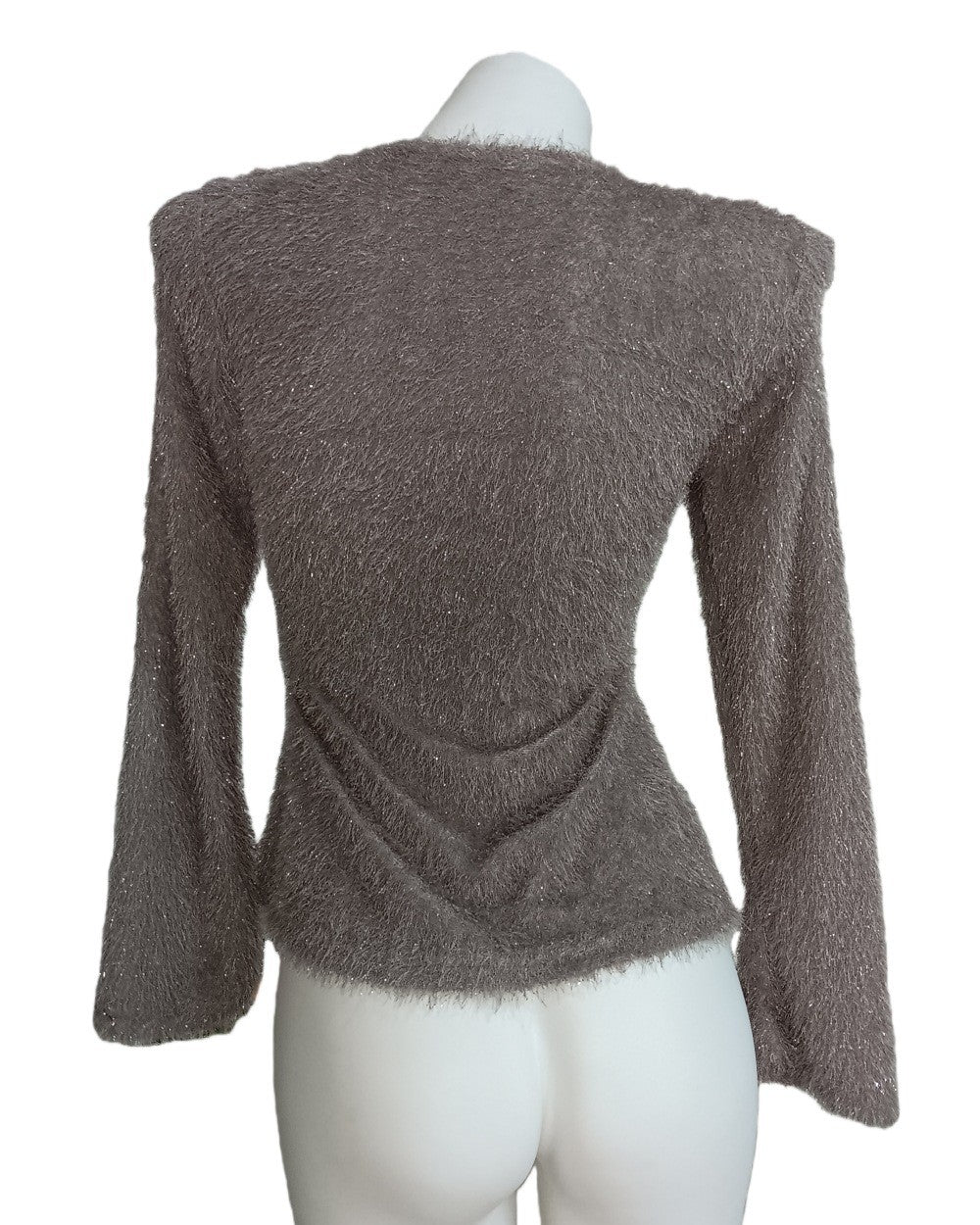 Sequin Trim Plunge Neck Fuzzy Knit Top - Silver - 1