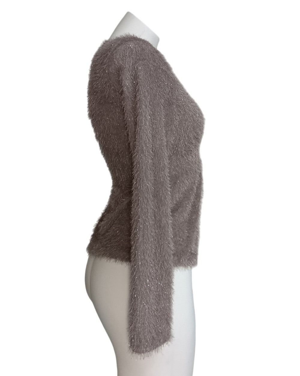Sequin Trim Plunge Neck Fuzzy Knit Top - Silver - 2