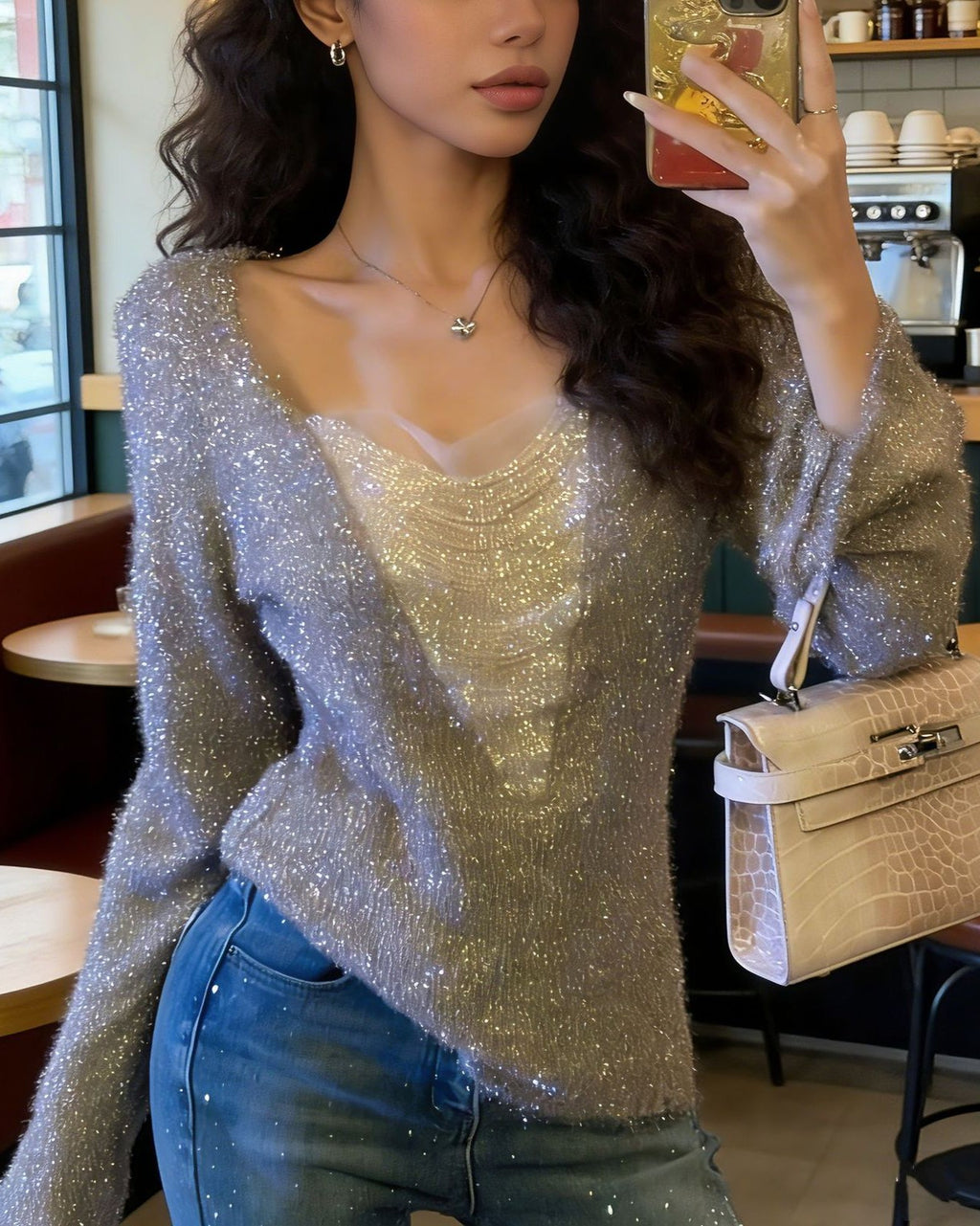 Sequin Trim Plunge Neck Fuzzy Knit Top - Silver - 3