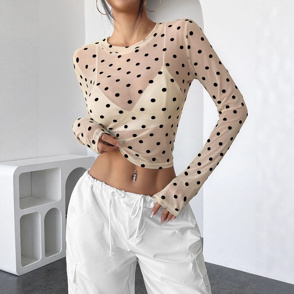 Dotted Sheer Mesh Long Sleeve Crop Tee - OffWhite