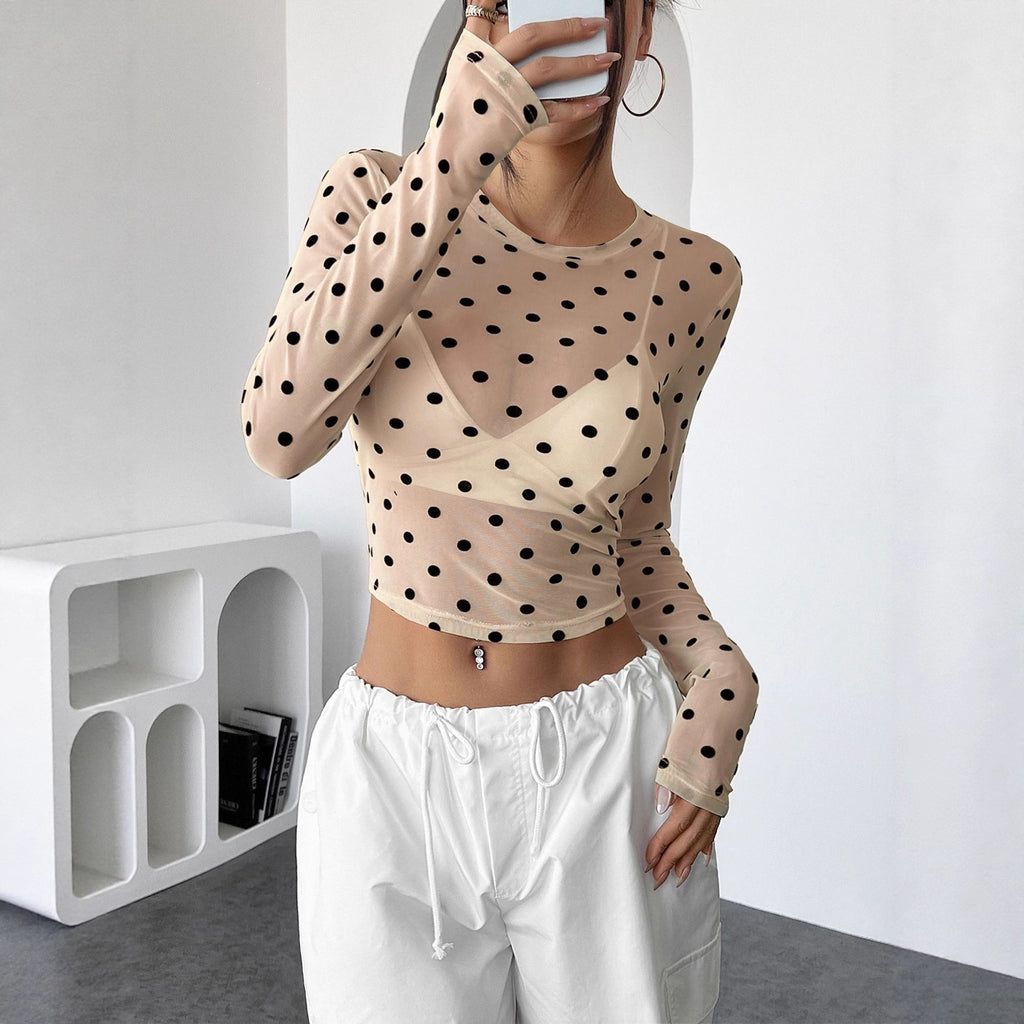 Dotted Sheer Mesh Long Sleeve Crop Tee