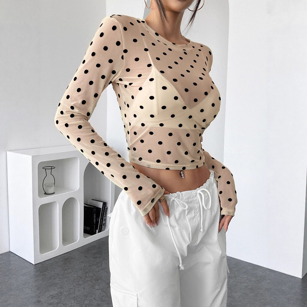 Dotted Sheer Mesh Long Sleeve Crop Tee - view 1