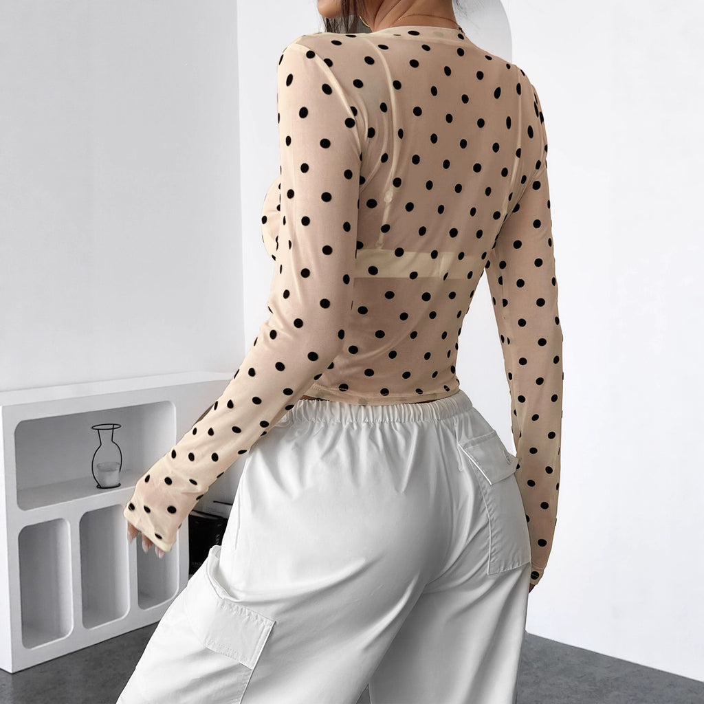 Dotted Sheer Mesh Long Sleeve Crop Tee - view 2