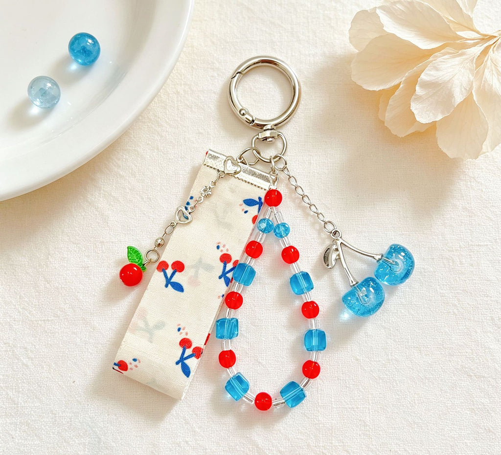 Cherry Bead Tassel Keychain Bag Charm - Blue - 1