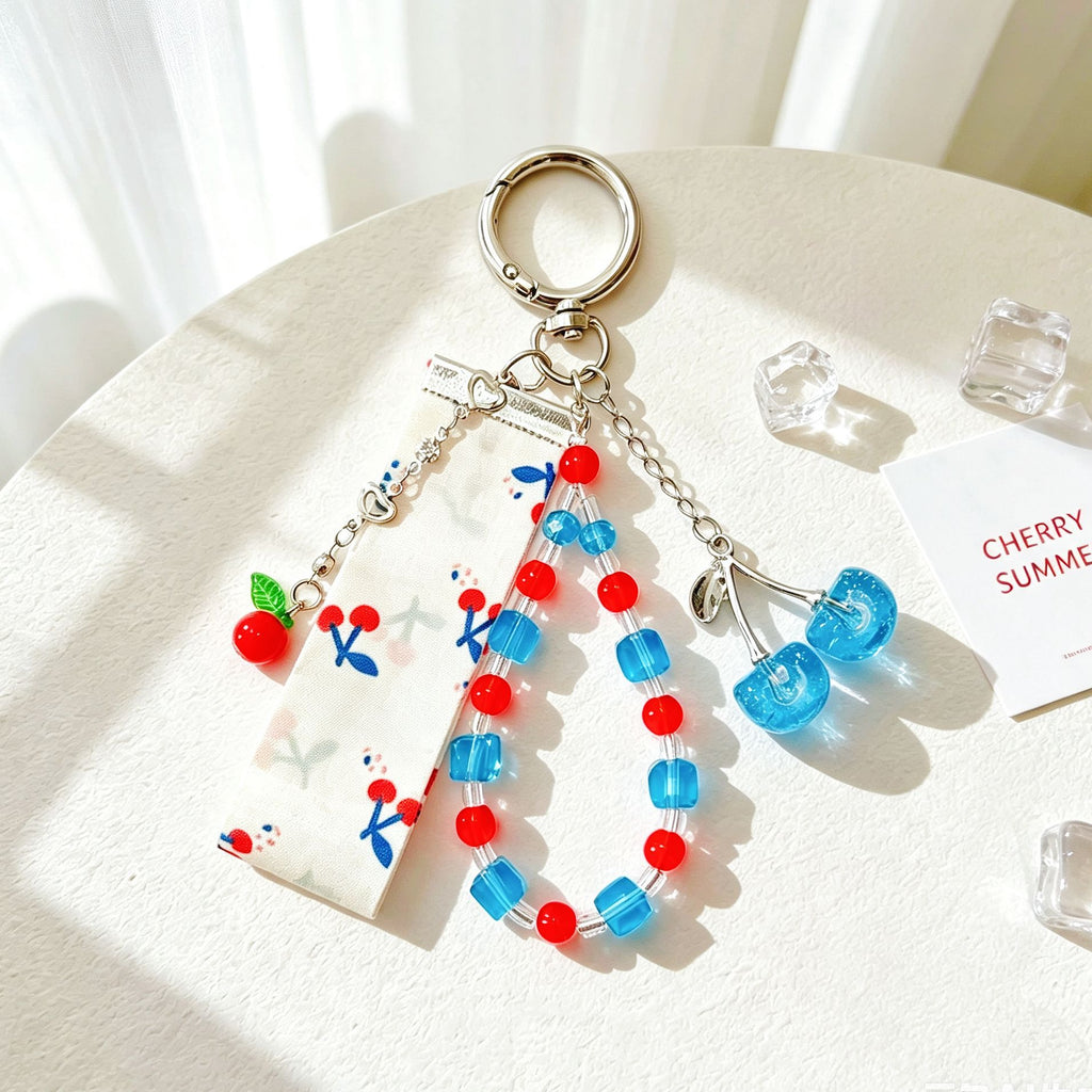 Cherry Bead Tassel Keychain Bag Charm - Blue - 3