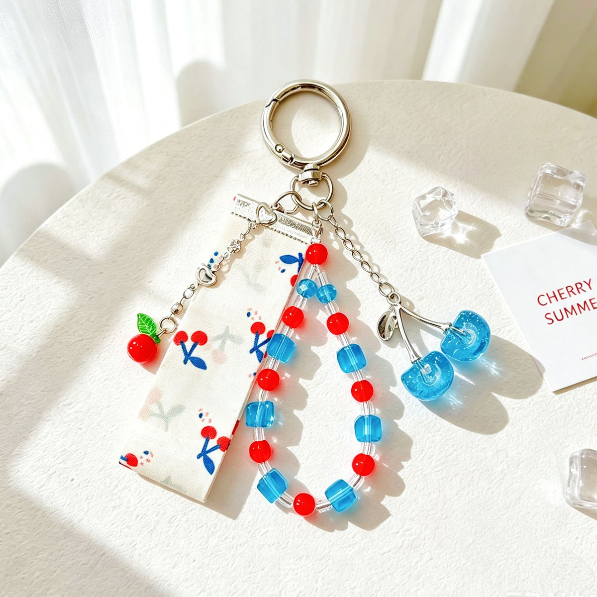 Cherry Bead Tassel Keychain Bag Charm - Blue - 3