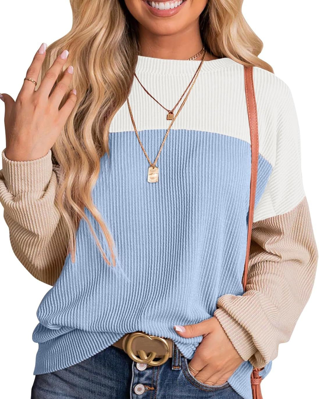 Colorblock Ribbed Long Sleeve Pullover Top - Blue