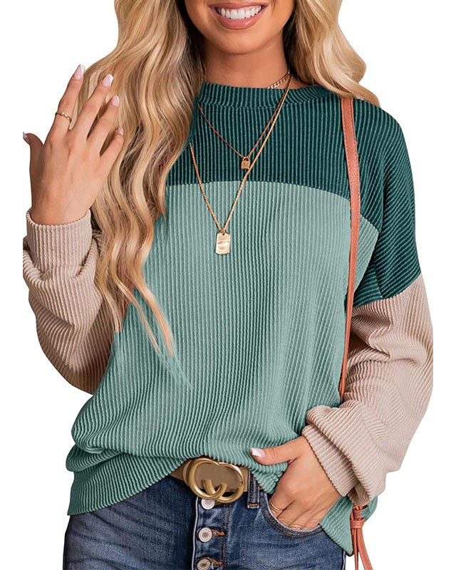 Colorblock Ribbed Long Sleeve Pullover Top - Green