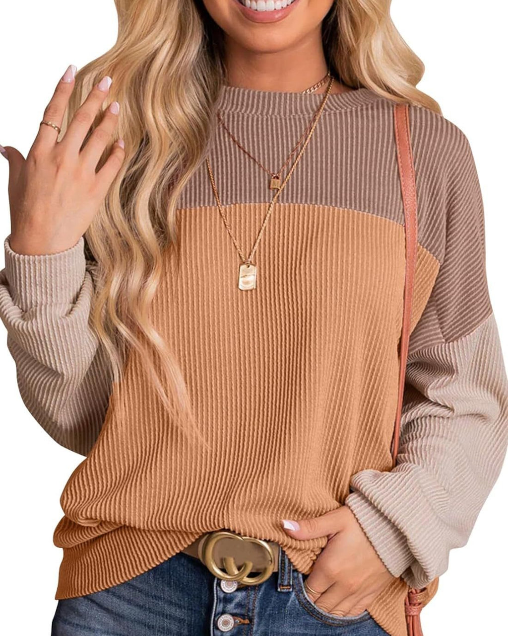 Colorblock Ribbed Long Sleeve Pullover Top - Khaki_1 - 1