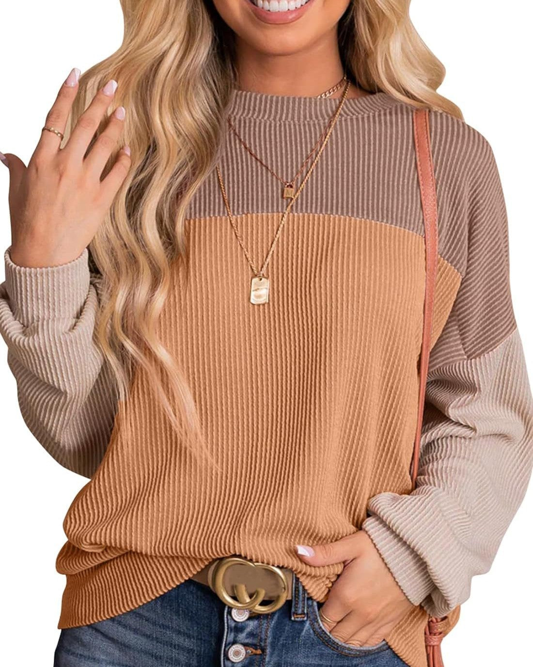 Colorblock Ribbed Long Sleeve Pullover Top - Khaki_1 - 1
