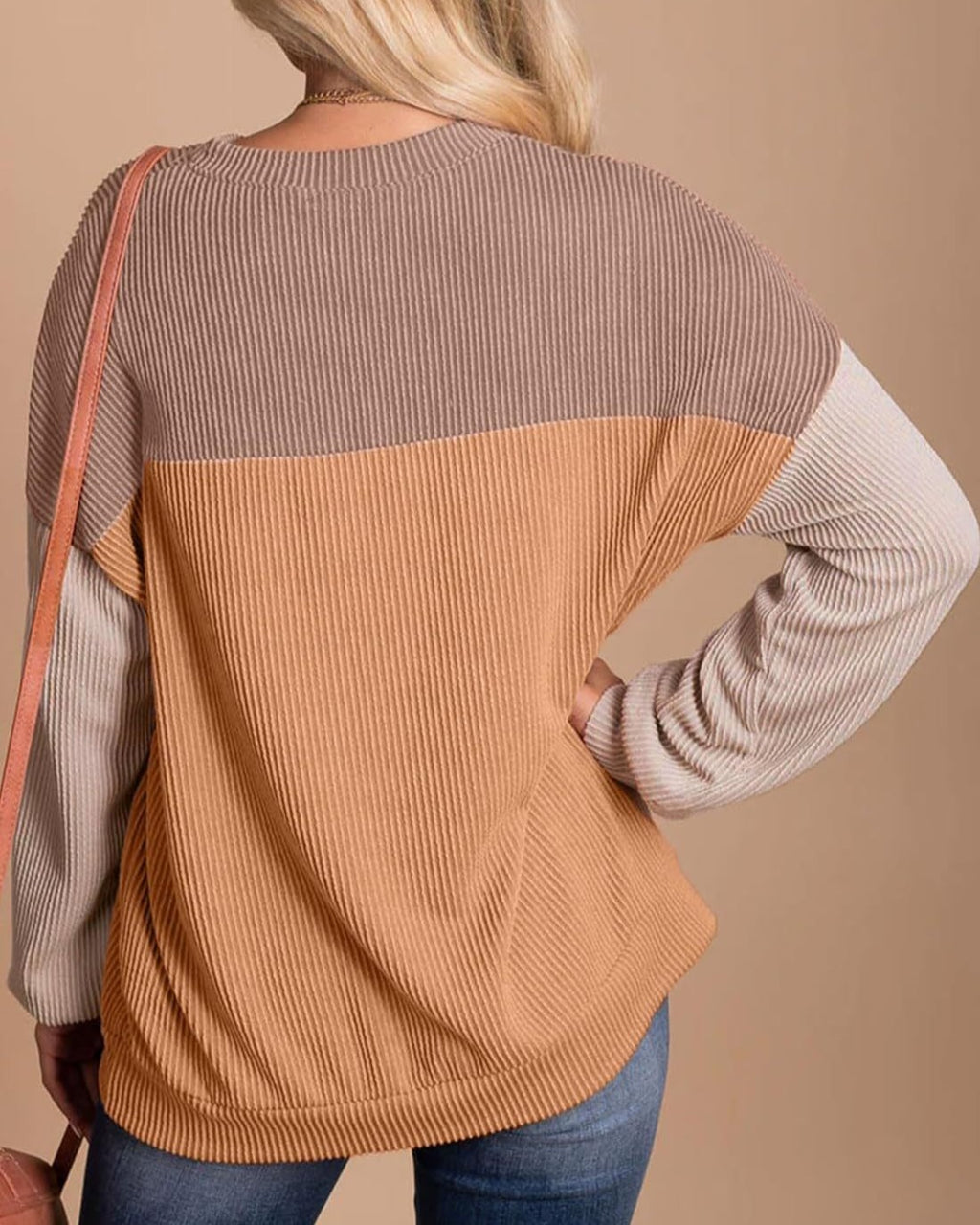 Colorblock Ribbed Long Sleeve Pullover Top - Khaki_1 - 2