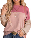 Colorblock Ribbed Long Sleeve Pullover Top - Pink