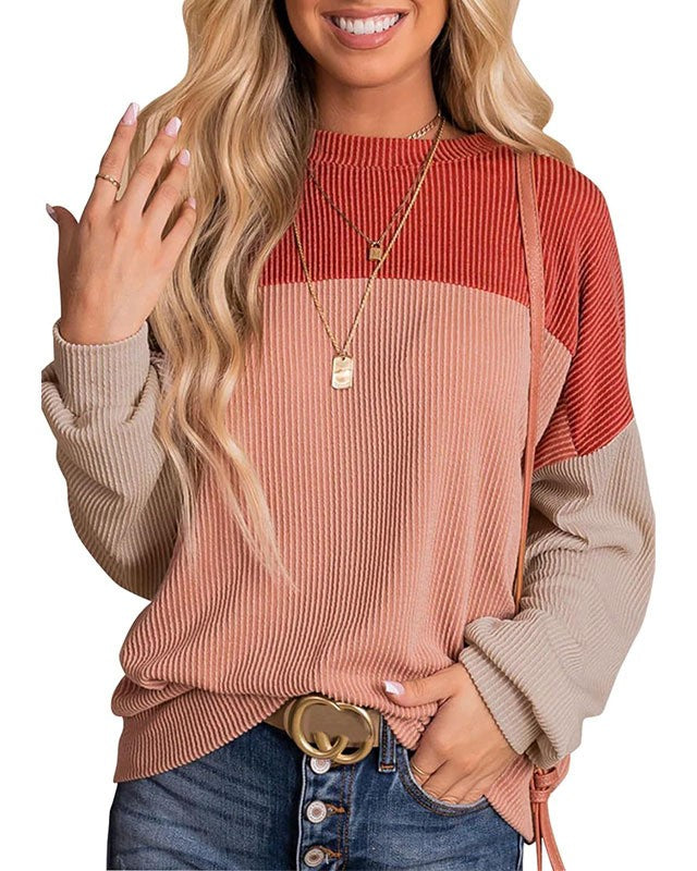 Colorblock Ribbed Long Sleeve Pullover Top - Red