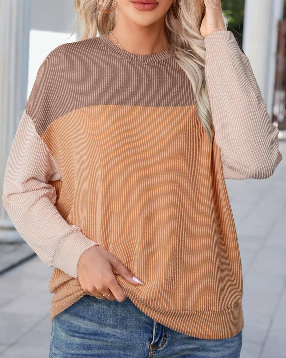 Colorblock Ribbed Long Sleeve Pullover Top